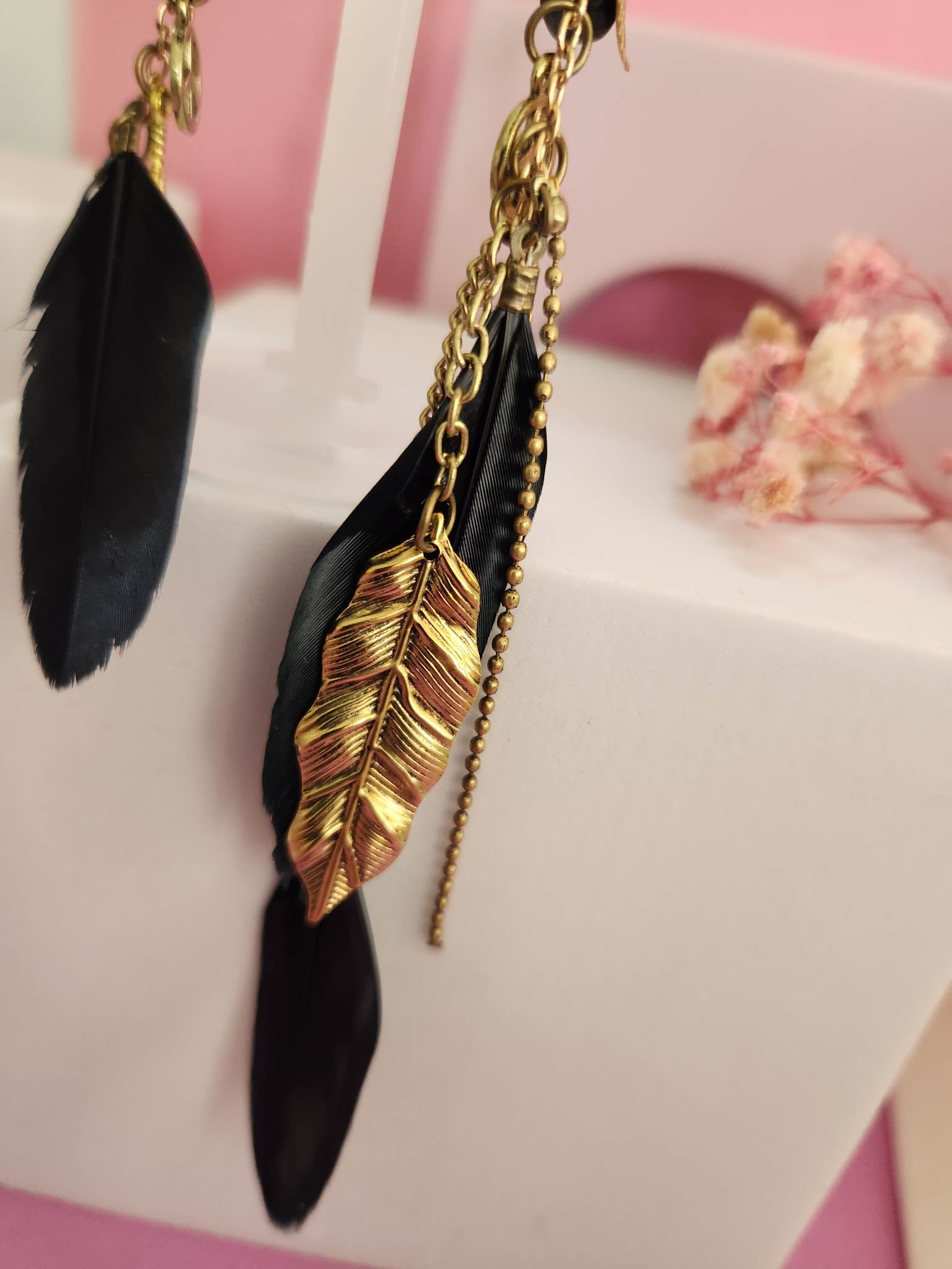 Hippy Dangle Feather Peace Golden Leaf and Black Feathers - Pierced n Proud