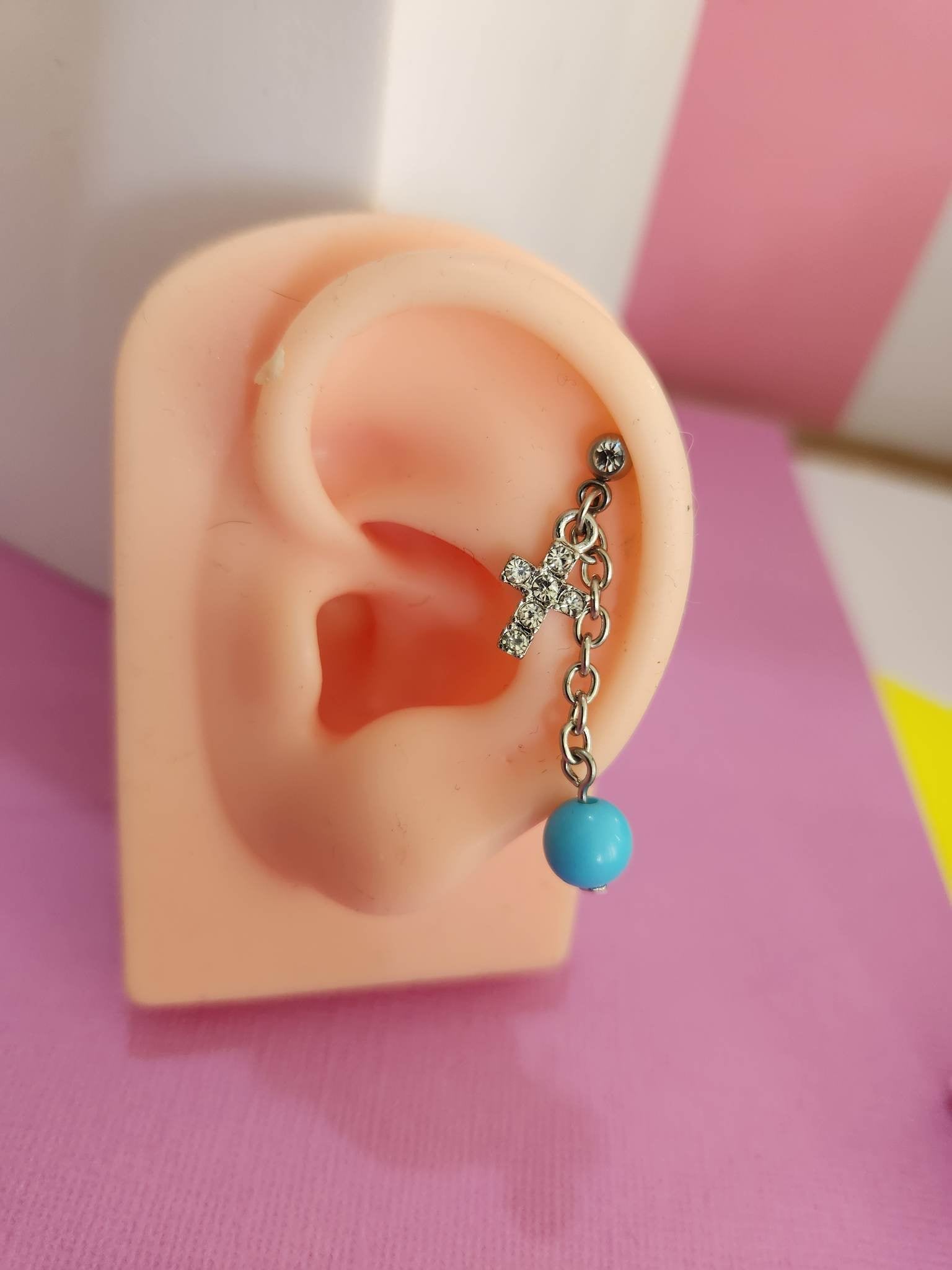 Cross Dangle Chain Ear Piercing Tragus Cartilage Flat Rook Earrings - Pierced n Proud
