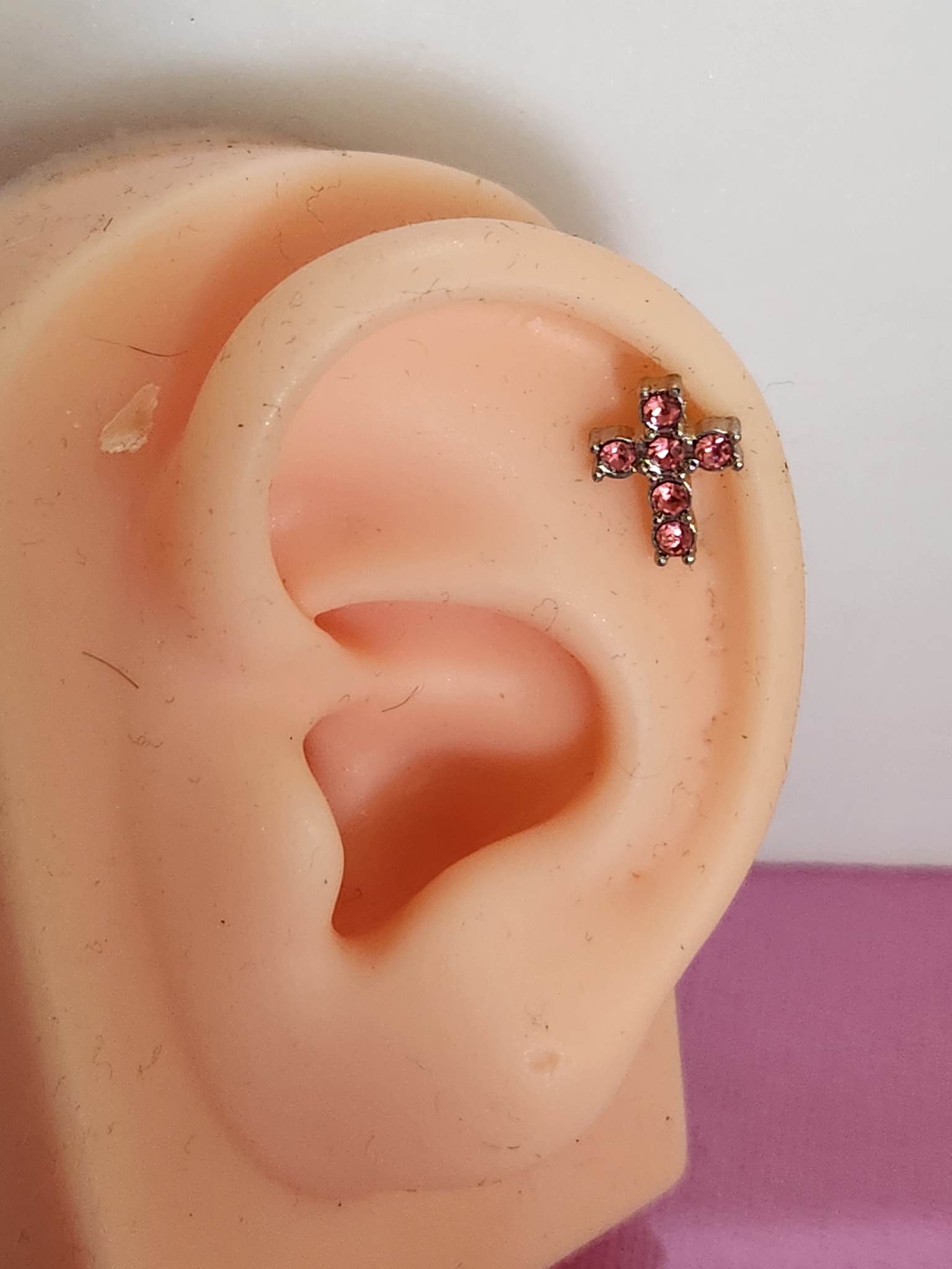 Pink Gem Cross Ear Piercing Tragus Cartilage Flat Rook Earrings - Pierced n Proud