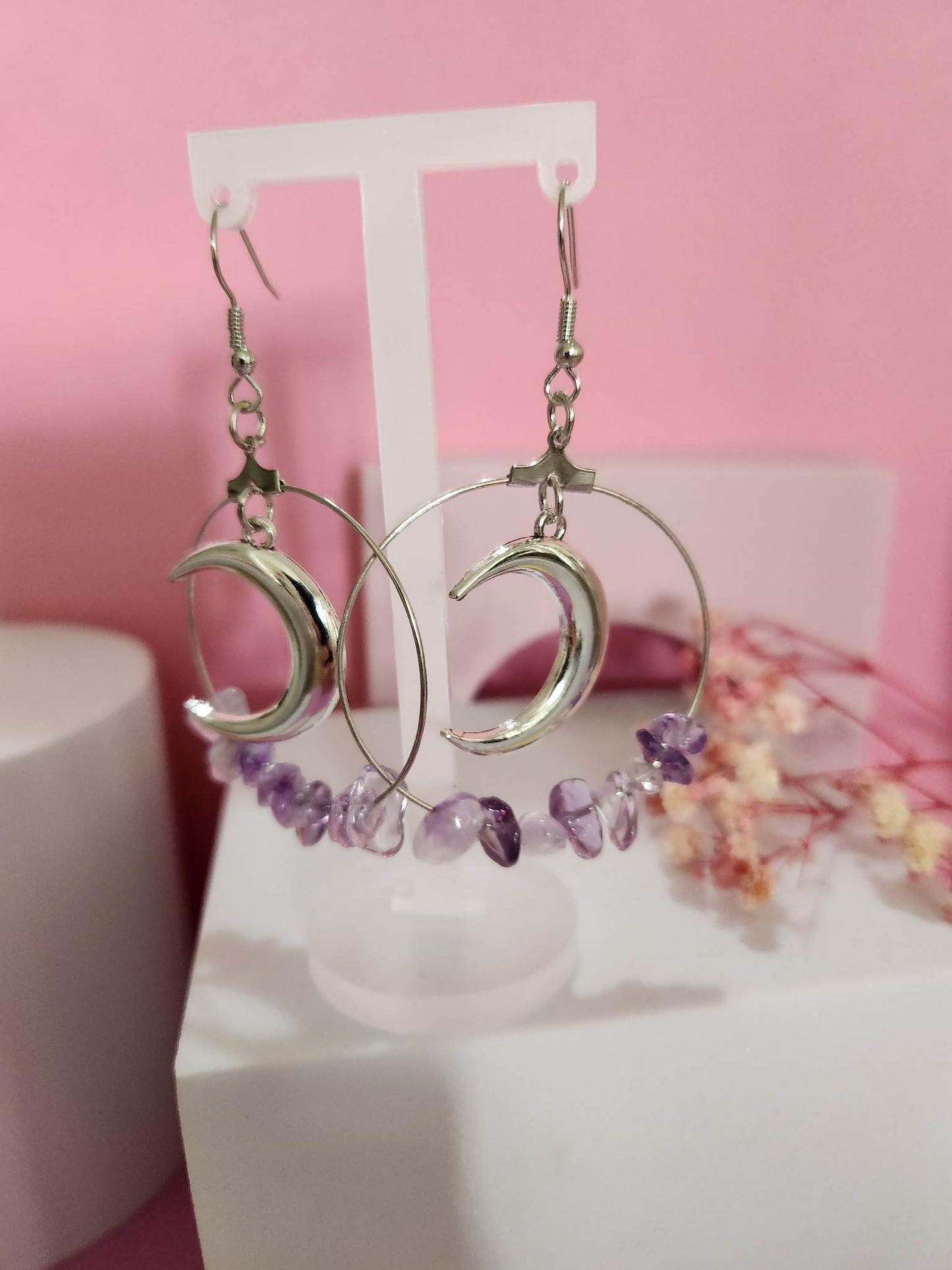 Faux Purple Crystal Hoop Earrings Moon Design - Pierced n Proud