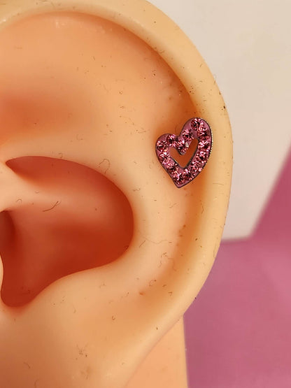 Fancy Multi Gem Heart Pink Cross Ear Piercing Tragus Cartilage Flat Rook Earrings - Pierced n Proud