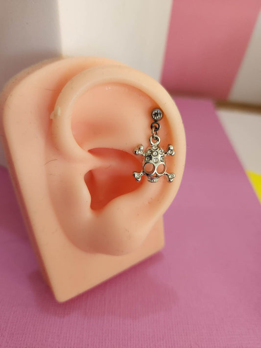 Gem Skull Dangle Chain Ear Piercing Tragus Cartilage Flat Rook Earrings - Pierced n Proud