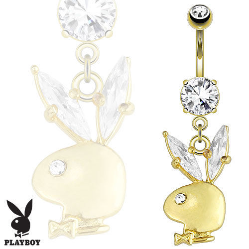 Gem Ears Gold Plated Multi Colored Gems on Playboy Bunny Navel Ring - Pierced n Proud