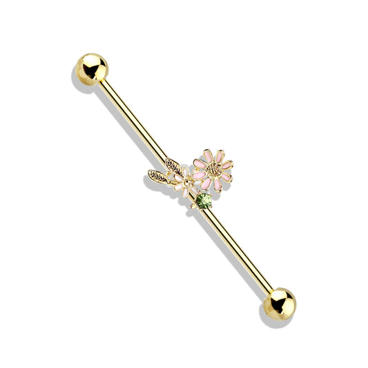 Gold Plated Flowers and Leaves 316L Surgical Steel Industrial Barbells - Pierced n Proud