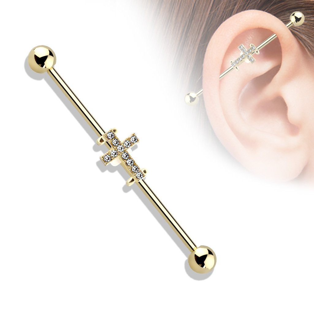 14g 38mm Gold Plated Crystal Paved Cross Industrial Barbell - Pierced n Proud