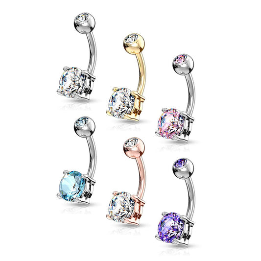 1 x Clear 14g 10mm Double Gemmed Solitaire Round CZ Prong Set 316L Surgical Steel Navel Ring - Pierced n Proud