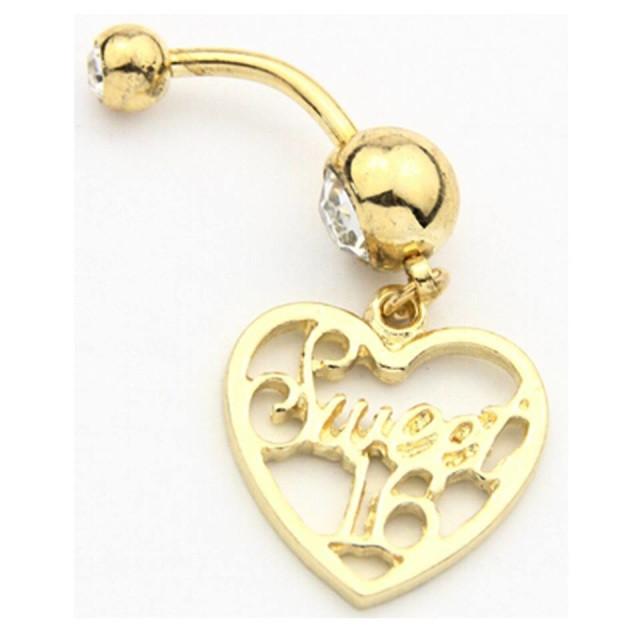 Gold Plated Sweet 16 Birthday Dangle with Heart Belly Bar - Pierced n Proud